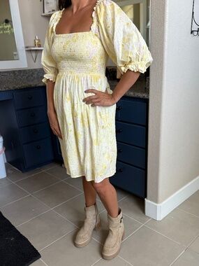 Billabong Floral Smocked Groovy Girl Puff Sleeve Summer Mini Dress